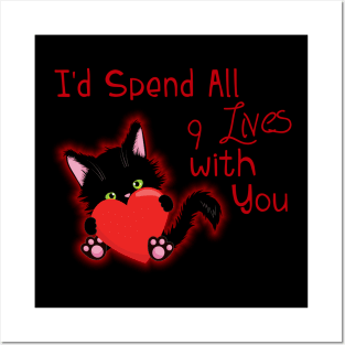 9 Lives Valentine's Day Cute Cat Heart Posters and Art